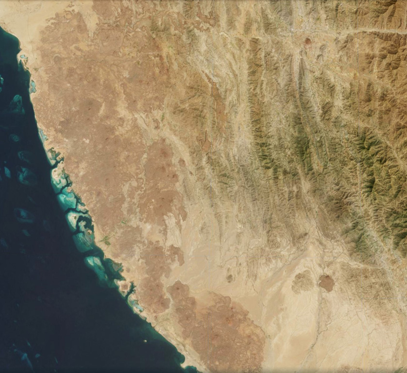 Around 200 identified scoria cones have formed throughout the 1,800 km2 Harrat al Birk volcanic field, seen along the Red Sea coast of Saudi Arabia in this 20 October 2020 Sentinel-2 satellite image (N is at the top; this image is approximately 93 km across). In the center of the top boundary of this image is two recent cones and lava flows, Jabal Ba’a and Jabal al Qishr, in the Asir mountains. Satellite image courtesy of Copernicus Sentinel Data, 2019.