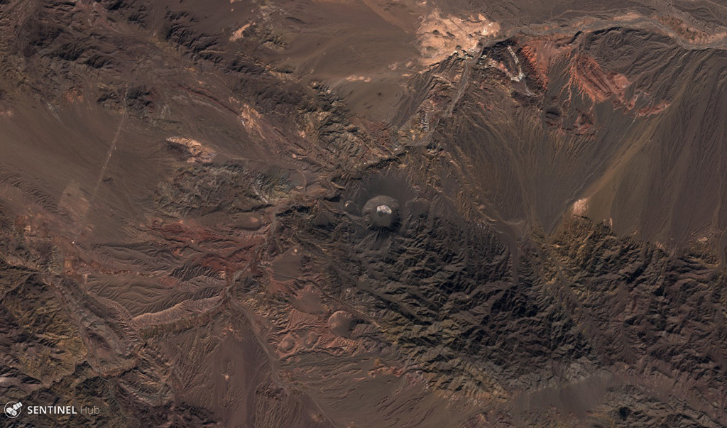 Several maars of the Qal'eh Hasan Ali volcanic field in SE Iran are visible in this 3 December 2019 Sentinel-2 satellite image (N at the top), with the largest near the center being the 1.2-km-wide, 300-m-deep Great Crater. The field contains 14 identified maar craters. Satellite image courtesy of Copernicus Sentinel Data, 2019.