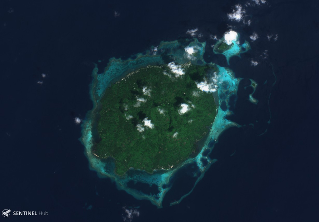 The roughly 4.5-km-wide Baluan Island of Papua New Guinea is a Pleistocene volcano with several flank vents and a 750-m-wide summit crater visible in this 4 December 2019 Sentinel-2 satellite image (N is at the top). Satellite image courtesy of Copernicus Sentinel Data, 2019.