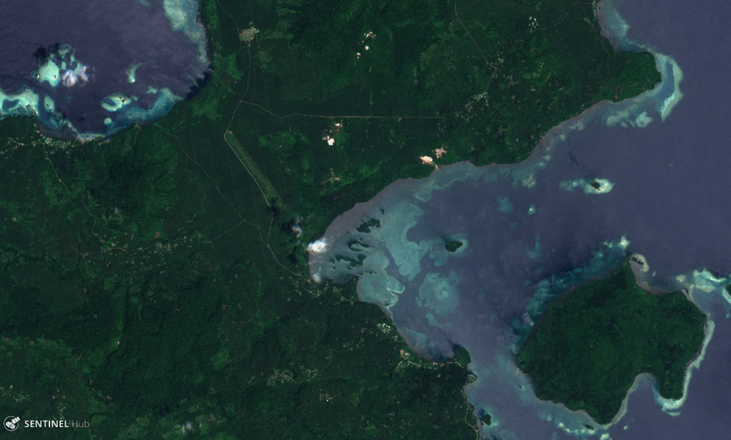 The Garua Harbour volcanic field has produced features throughout much of the area shown in this 25 November 2019 Sentinel-2 satellite  image (with N to the top), including the approximately 3.5-km-wide Garua Island in the lower right corner. The field includes lava domes and cones, and has geothermal features including fumaroles and geysers. Satellite image courtesy of Copernicus Sentinel Data, 2019.