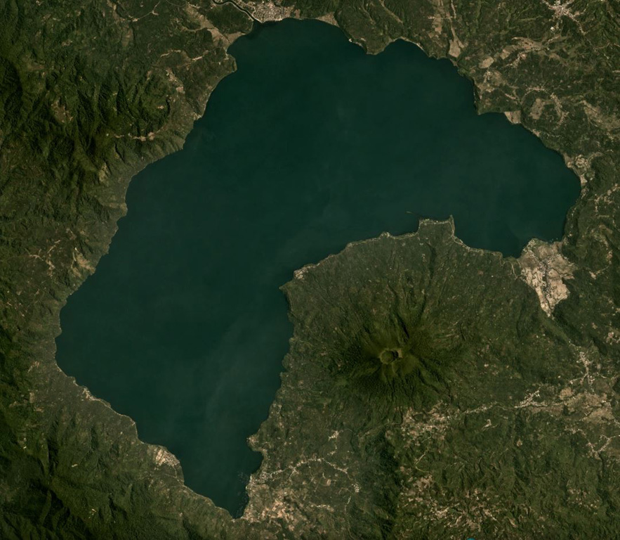 Gunung Seminung with a 500-m-wide summit crater forms the SE shoreline of Lake Ranau within the Ranau caldera, seen here in this September 2019 Planet Labs satellite image mosaic (N is at the top). An explosive eruption produced the Ranau Tuff out to 70 km from the vent. The N-S length of the lake is approximately 16.5 km. Satellite image courtesy of Planet Labs Inc., 2019 (https://www.planet.com/).