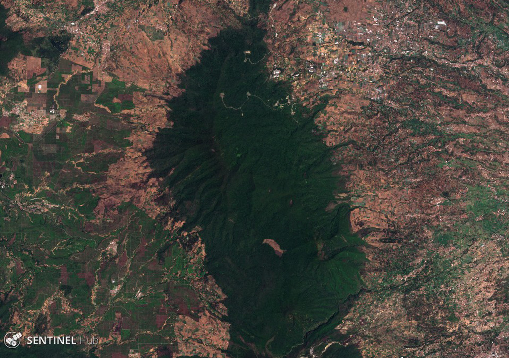 Kendang volcano is the elongate forested area down the center of this 18 November 2019 Sentinel-2 satellite image (N is at the top). The complex is an area of significant geothermal development and includes the Darajat Geothermal Field. Satellite image courtesy of Copernicus Sentinel Data, 2019.