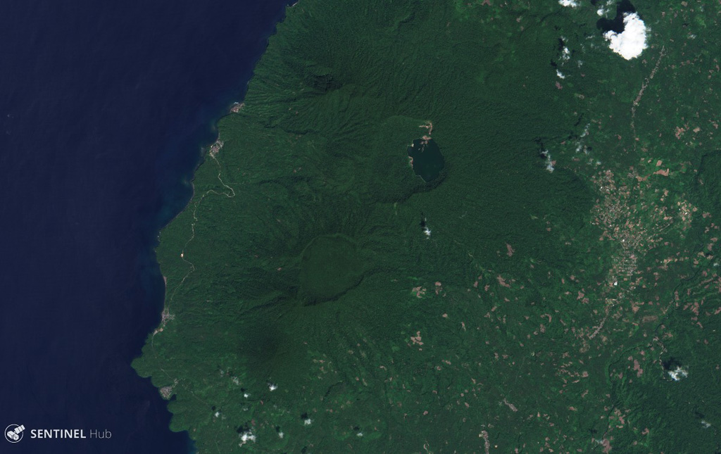 Todoko-Ranu in West Halmahera Island has two calderas visible in this 12 December 2019 Sentinel-2 image (N is at the top), the Ranu caldera to the north with a lake along the eastern wall, and Todoko caldera to the SW. Todoko is approximately 2 km wide. Satellite image courtesy of Copernicus Sentinel Data, 2019.