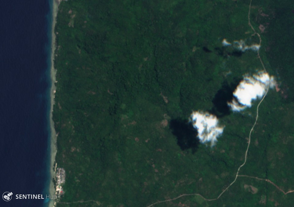 Gunung Tigalalu is located at the northern end of Kayoa Island, west of Halmahera in Indonesia. The edifice is a N-S-trending volcanic ridge, seen down the center of this 13 September 2019 Sentinel-2 satellite image (N is at the top). Satellite image courtesy of Copernicus Sentinel Data, 2019.