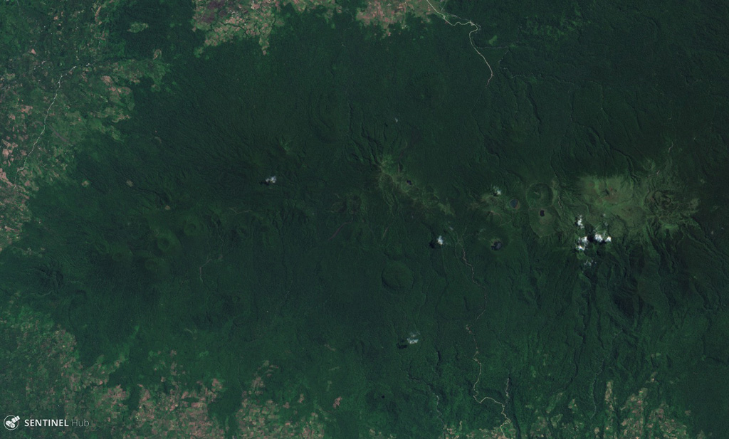 An alignment of craters is visible in this 10 August 2019 Sentinel-2 satellite image (N is at the top) showing Makaturing volcano in central Mindanao. The width of this image is approximately 28 km. The summit is near the center of the image. Satellite image courtesy of Copernicus Sentinel Data, 2019.