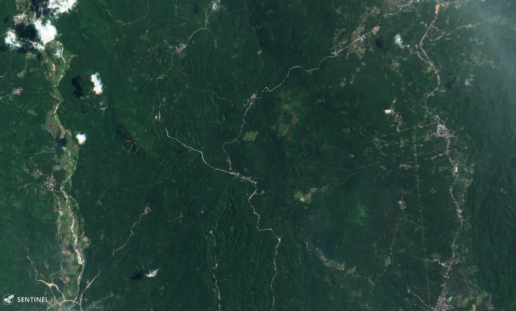The Paco-Maniayao volcanic complex is located on the peninsula forming the NE tip of Mindanao and is seen here in this 15 August 2019 Sentinel-2 satellite image (N is at the top). The complex contains several craters and lava domes. This image is approximately 10 km across. Satellite image courtesy of Copernicus Sentinel Data, 2019.