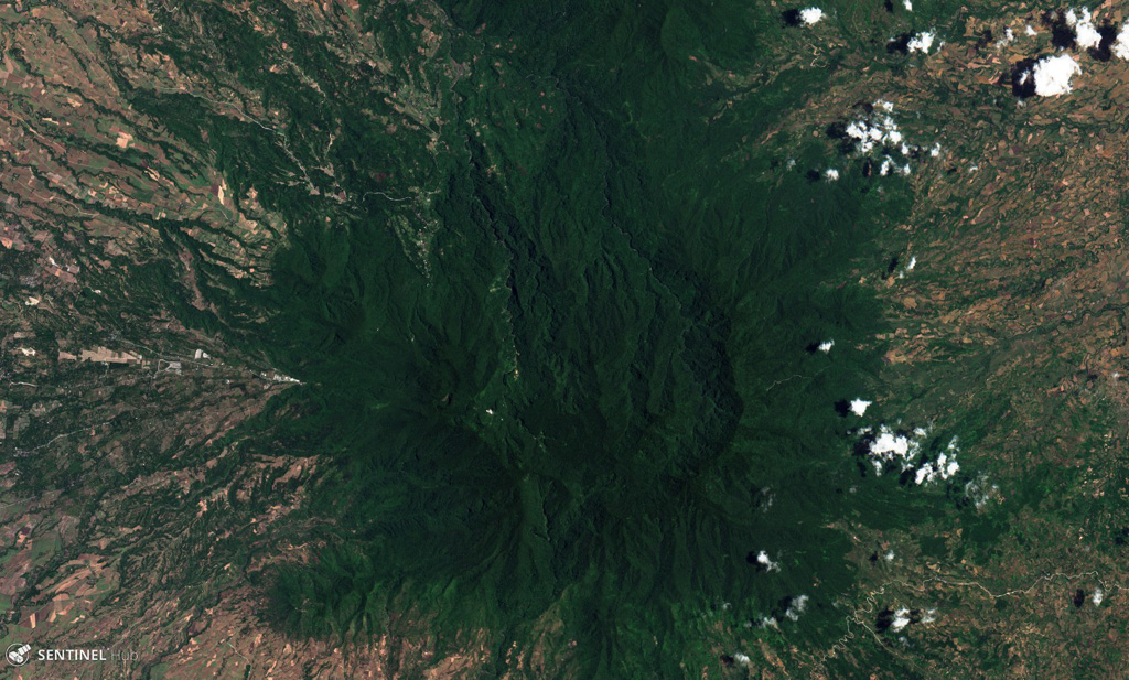 The deeply eroded Mandalagan volcanic complex on northern Negros Island is seen here in this 25 April  2019 Sentinel-2 satellite image (N is at the top). Seven volcanic centers have been identified and geothermal activity continues. This image is approximately 23 km across. Satellite image courtesy of Copernicus Sentinel Data, 2019.
