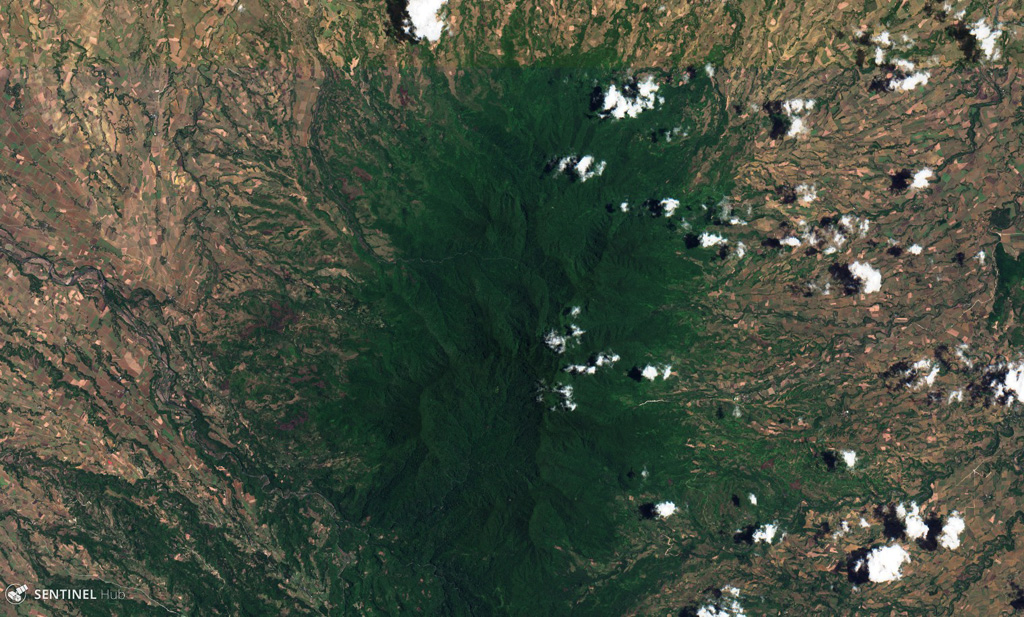 Silay is the northernmost volcano on Negros Island in the Philippines and is shown in this 25 April 2019 Sentinel-2 satellite image (N is at the top), which is approximately 23 km across. Satellite image courtesy of Copernicus Sentinel Data, 2019.