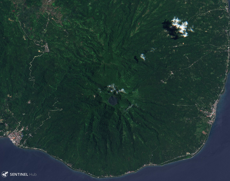 The summit of Cabalían contains a crater lake, visible near the center of this 10 August 2019 Sentinel-2 satellite image (N is at the top) which is approximately 11 km across. The Cantoloc cone is immediately N of the main crater, and geothermal activity occurs on the eroded E and W flanks. Satellite image courtesy of Copernicus Sentinel Data, 2019.