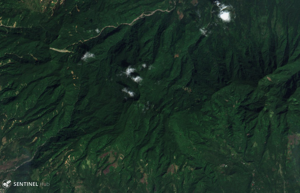 This 1 February 2019 Sentinel-2 satellite image (N is at the top) shows part of southern end of the 35-km-long volcanic island of Biliran, located across the narrow Biliran Strait from the northern tip of Leyte Island (left). Lava domes, craters, and geothermal areas have formed around the island. Satellite image courtesy of Copernicus Sentinel Data, 2019.