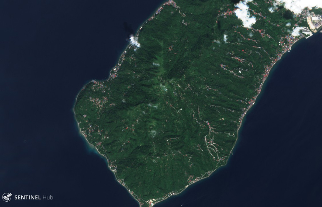 Mount Panay is a low andesitic stratovolcano occupying the elongated Calumpang Peninsula between Balayan Bay (left) and Batangas Bay (right). It is considered to be Pleistocene in age, and has current geothermal activity. Satellite image courtesy of Copernicus Sentinel Data, 2019.