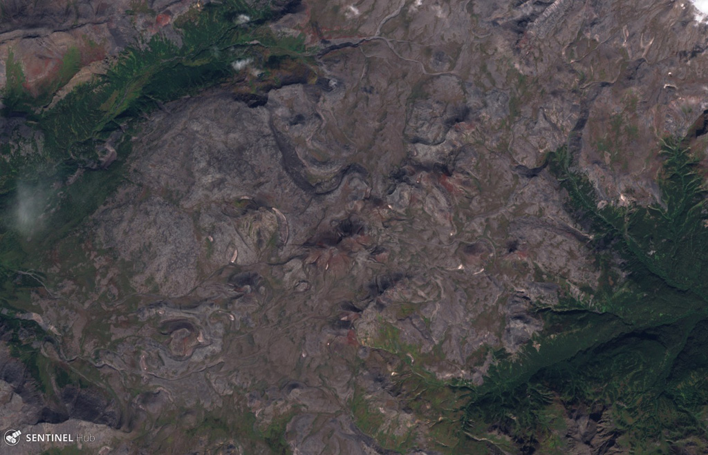 Verkhovoy volcano is located in the central Sredinny Range and is shown in this 5 September 2019 Sentinel-2 satellite image (N is at the top). The edifice covers an area of 22 km2 and has several scoria cones. This image is approximately 14 km across. Satellite image courtesy of Copernicus Sentinel Data, 2019.