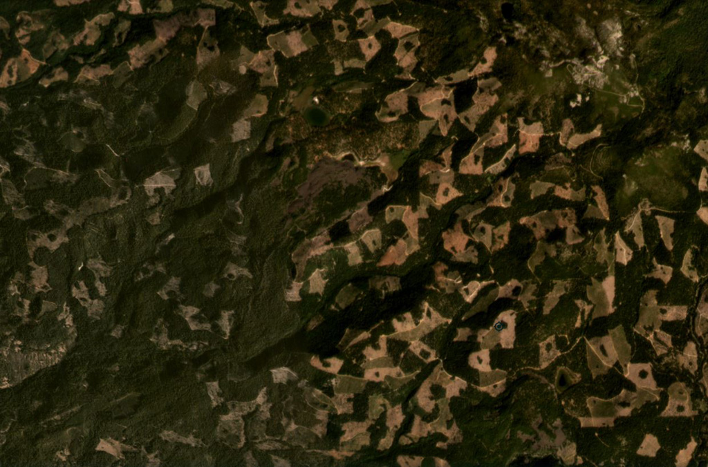 A lava flow from the Silver Lake scoria cone is visible in this September 2020 satellite image monthly mosaic (N is at the top; this image is approximately 10 km across). Lava flows that erupted from the Silver Lake scoria cone dammed drainages, forming Silver and Author lakes. Satellite image courtesy of Planet Labs Inc., 2020 (https://www.planet.com/).