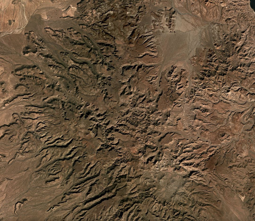 The eroded, Pleistocene San Ignacio Volcanic field in Baja Mexico contains dozens of scoria cones and lava flows. The area is shown in this December 2019 Planet Labs satellite image monthly mosaic (N is at the top), which is approximately 52 km across. Satellite image courtesy of Planet Labs Inc., 2019 (https://www.planet.com/).