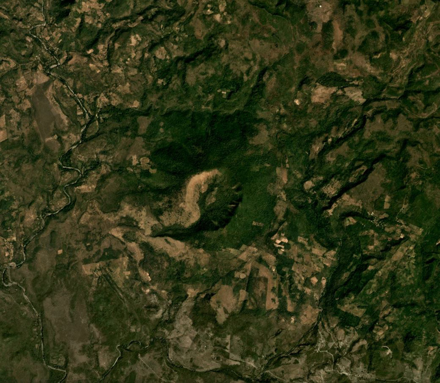 Cerro el Ciguatepe is in the center of this Planet Labs December 2019 satellite image monthly mosaic (N is at the top). It has a roughly 1.3-km-wide crater than opens towards the SW and a small lava flow extends a short distance beyond it. Satellite image courtesy of Planet Labs Inc., 2019 (https://www.planet.com/).