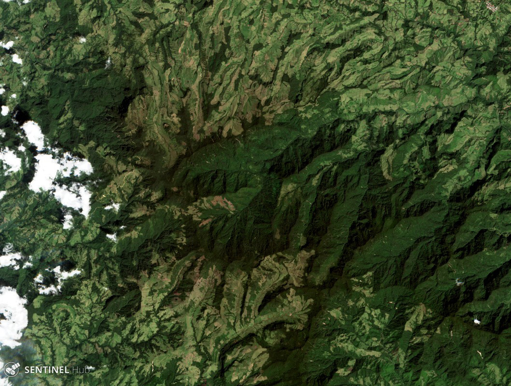 Romeral volcano forms the area in the center of this 24 January 2018 Sentinel-2 satellite image, NE of the city of Manizales (N is at the top; the image is approximately 19 km across). It produced two Plinian pumice eruptions that blanket areas NW of the volcano, and is located at the northern end of the Ruiz-Tolima volcanic chain. Satellite image courtesy of Copernicus Sentinel Data, 2018.