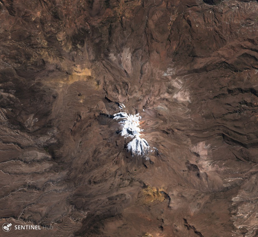 Glaciated Sara Sara volcano is in the center of this 22 July 2019 Sentinel-2 satellite image (N is at the top). A 15-km-long lava flow is visible on the eastern flank, with clear levees along the flow boundary. It is the westernmost young volcano in Peru and has produced intermittent explosive activity for less than 2 million years. Satellite image courtesy of Copernicus Sentinel Data, 2019.