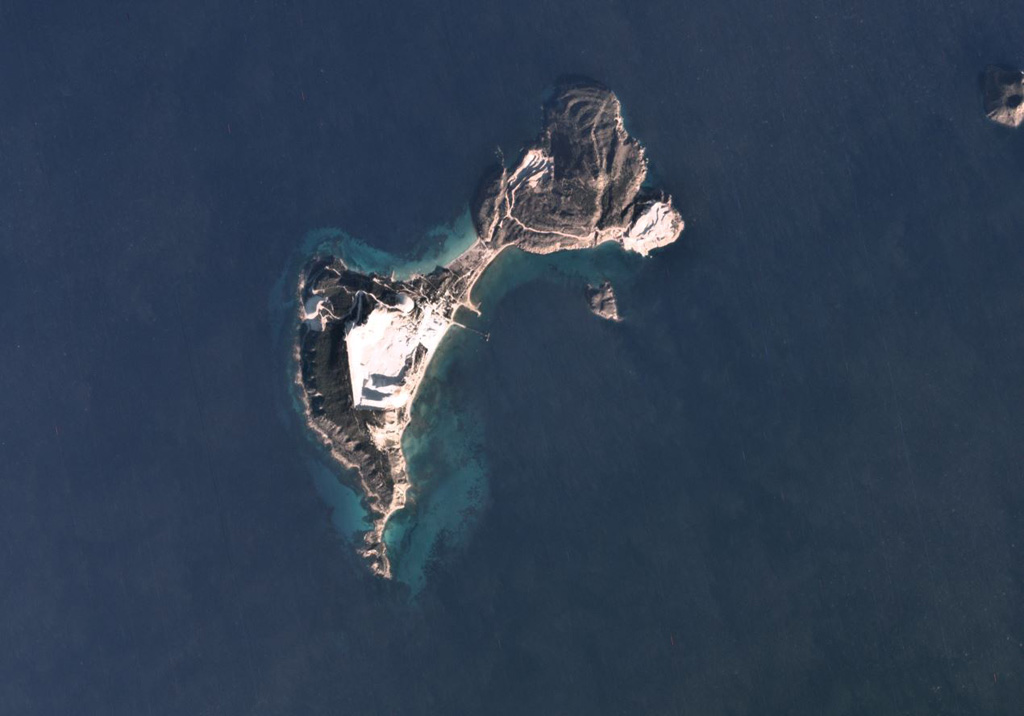 Yali is the uppermost part of a submerged caldera and is part of the Nisyros volcanic field. The SW part of the 4-5 km island is composed of the Lower and Upper Pumice deposits, and the NE area consists of lave domes, seen in this December 2019 Planet Labs satellite image monthly mosaic (N is at the top). The pumice quarry in the SW exposes pumice deposits in 60-100 m thick sections. Satellite image courtesy of Planet Labs Inc., 2019 (https://www.planet.com/).