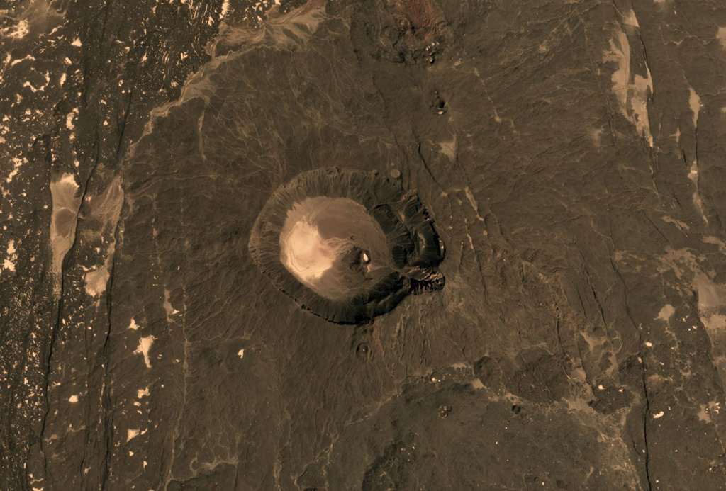 The 2.5 x 3.5 km Mat Ala caldera is in the center of this November 2019 Planet Labs satellite image monthly mosaic (N is at the top). It is SE of Tat Ali and Erta Ale in Ethiopia, and N-S-trending faults are visible across the flanks. Satellite image courtesy of Planet Labs Inc., 2019 (https://www.planet.com/).
