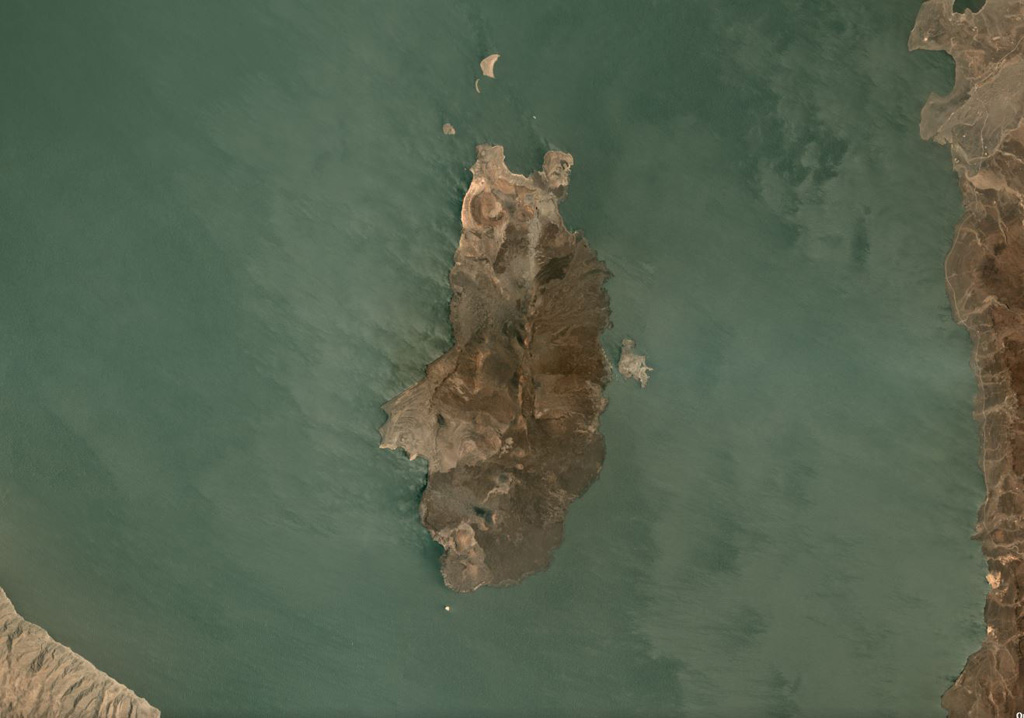 The South Island is the southernmost of three volcanic islands within Lake Turkana in northern Kenya, at 11 x 5.5 km plus smaller islands around the main exposed landmass, seen here in this September 2019 Planet Labs satellite image monthly mosaic (N is at the top). Lava flows form much of the surface and a fissure runs along the center of the island. Smaller cones and craters are also visible, with a larger crater at the northern end of the island. Satellite image courtesy of Planet Labs Inc., 2019 (https://www.planet.com/).