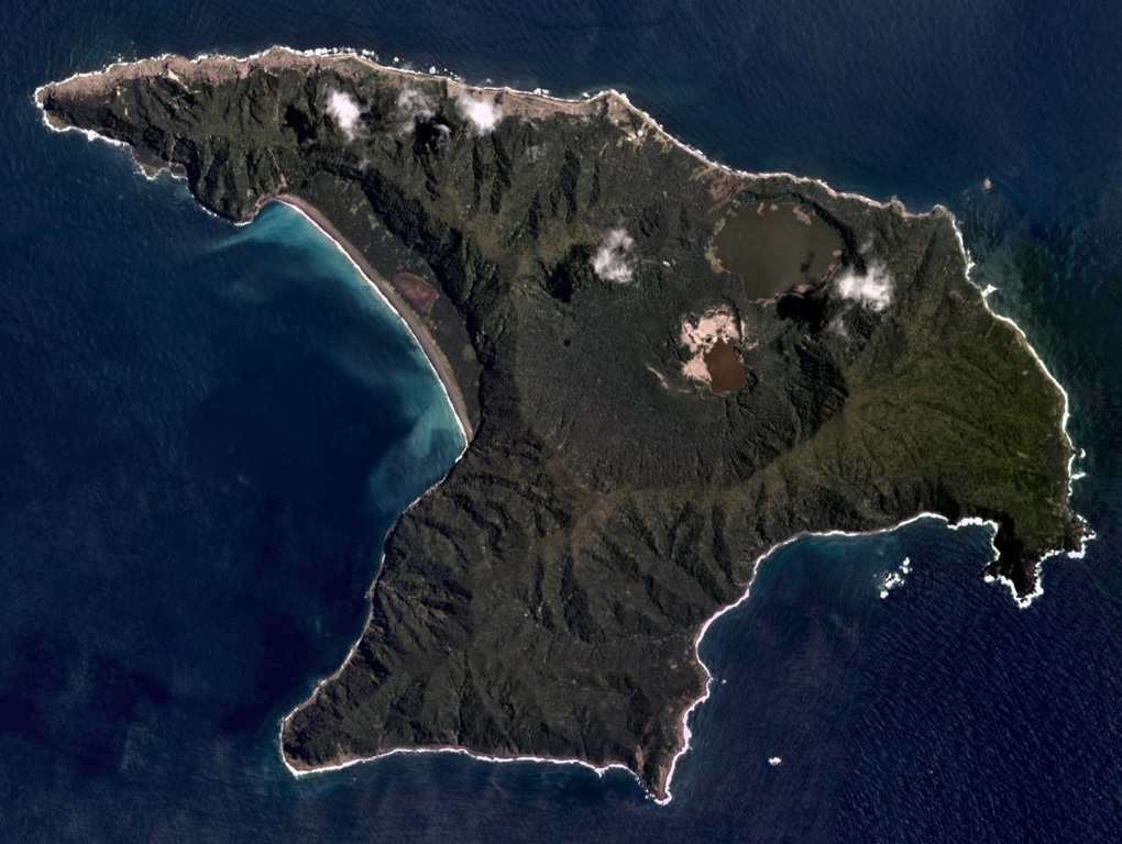 Raoul Island in the Kermadec Islands has two main calderas, one in the center of the island (Raoul Caldera) and one forming the linear western shoreline (Denham Caldera), shown in this November 2019 Planet Labs satellite image monthly mosaic (N is at the top; this image is approximately 11 km across). The Blue (upper) and Green (lower) lakes are within Raoul Caldera, with the 1964 crater along the NW edge of the Green Lake. Satellite image courtesy of Planet Labs Inc., 2019 (https://www.planet.com/).