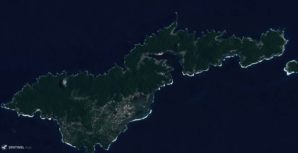 Tutuila Island is in the center of the Samoan Islands, shown in this 3 March 2019 Sentinel-2 satellite image (N is at the top; this image is approximately 44 km across). The extensively eroded island has multiple eruptive centers that have produced domes, cones, craters, and calderas. Satellite image courtesy of Copernicus Sentinel Data, 2019.