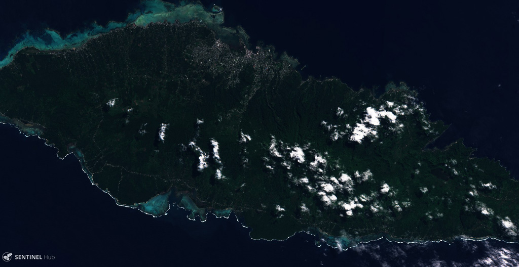 Upolo Island in Samoa is shown in this 8 august 2018 Sentinel-2 satellite image (N is at the top; this image is approximately 70 km across). Younger monogenetic cones and craters that produced lava flows are aligned along the WNW-ESE central ridge, with some lava flows having reached the coast. Satellite image courtesy of Copernicus Sentinel Data, 2019.