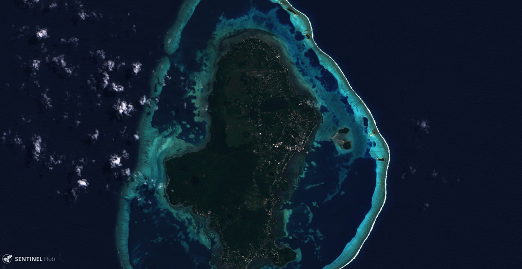 The main 7 x 14 km Uvea Island and 22 smaller islands that make up Wallis Islands are surrounded by a reef reaching approximately 18 km across (E-W), seen here in this 29 August 2018 Sentinel-2 satellite image. The island contains lava flows, craters, and scoria cones, with some craters containing lakes. Satellite image courtesy of Copernicus Sentinel Data, 2018.