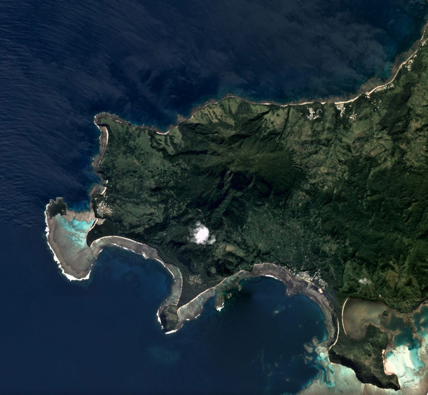 The Nabukelevu lava-dome complex formed at the SW end of Kadavu Island at the S end of the Fiji archipelago, and is shown in this May 2019 Planet Labs satellite image monthly mosaic (N is at the top; this image is approximately 10 km across). The complex has produced several debris avalanche deposits through flank collapse and block-and-ash flow deposits from dome collapse. Satellite image courtesy of Planet Labs Inc., 2019 (https://www.planet.com/).