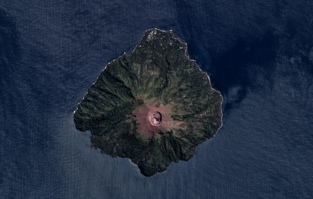 The roughly 3-km-wide Bam is an island volcano north of the main island of Papua New Guinea. The 300-m-wide, 180-m-deep summit crater is near the center of this May 2018 Planet Labs satellite image monthly mosaic (N is at the top). A NE-trending landslide scarp extends across the edifice from the SW coast. Satellite image courtesy of Planet Labs Inc., 2018 (https://www.planet.com/).