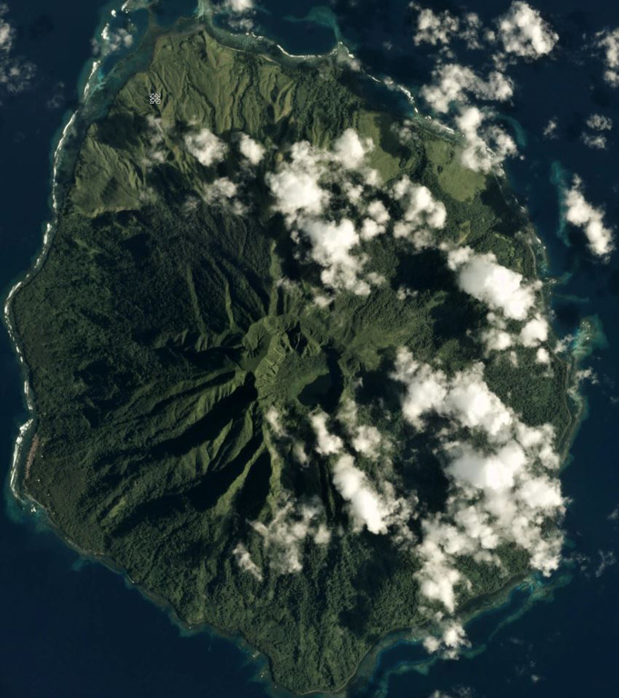 The 7.5 x 9 km Sakar is the NE-most of a chain of volcanic islands off the northern coast of Papua New Guinea, seen in this February 2017 Planet Labs satellite image monthly mosaic (N is at the top). The flanks are deeply eroded, but the summit crater contains a lake in the SE section and there is a cone on the S flank. Satellite image courtesy of Planet Labs Inc., 2017 (https://www.planet.com/).