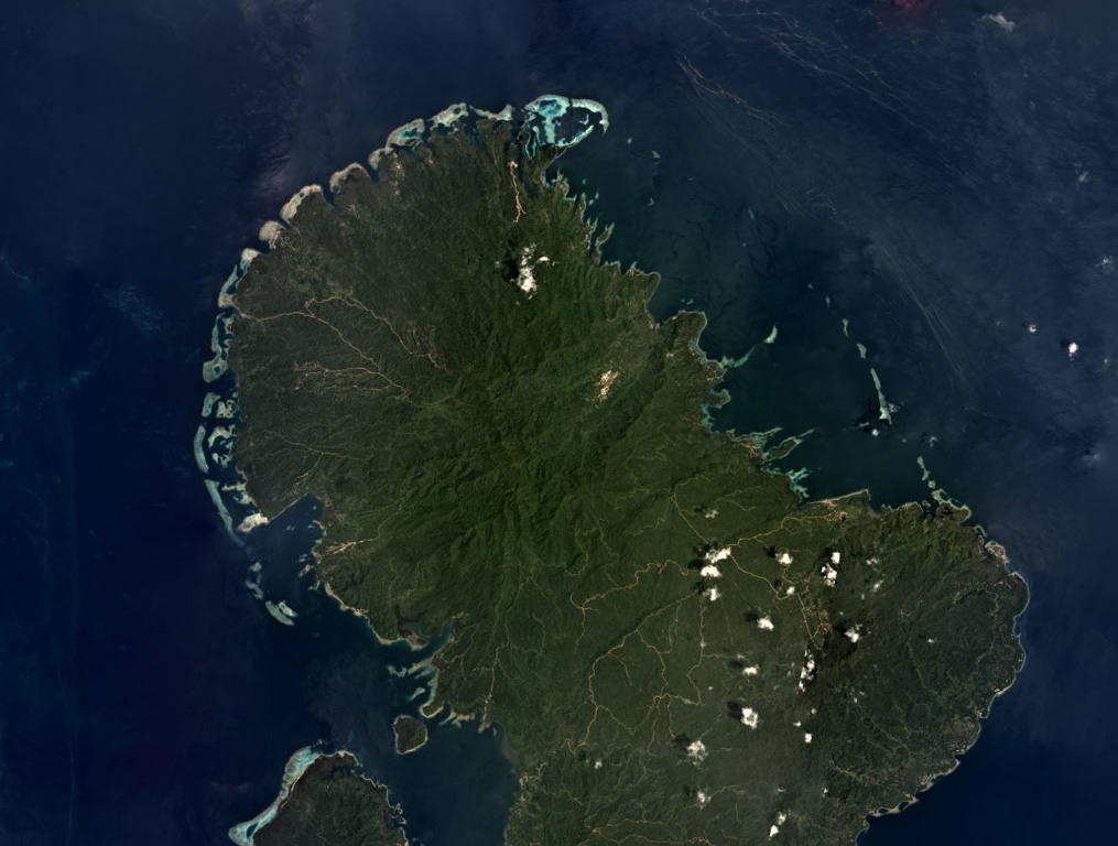 The Nonda volcanic center is on Vella Lavella Island in the Solomon Islands, near the center of this November 2019 satellite image monthly mosaic (N is at the top; this image is approximately 47 km across). It contains a lava dome and crater, and the nearby Paraso geothermal area remains active. Satellite image courtesy of Planet Labs Inc., 2018 (https://www.planet.com/).