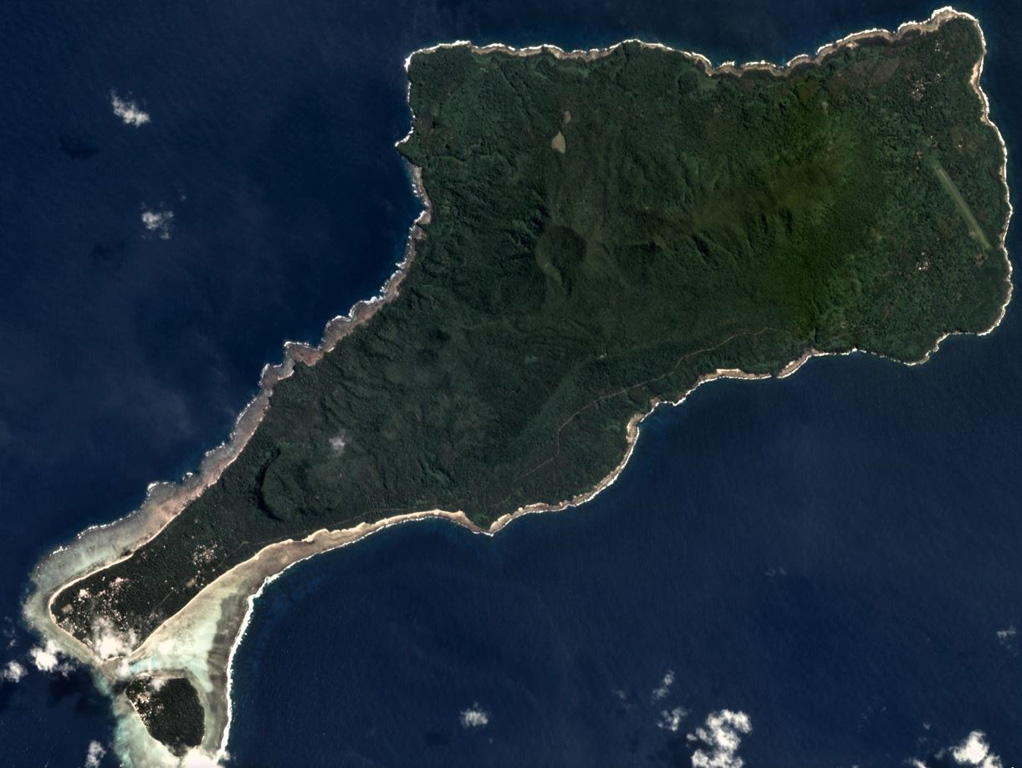 Motlav or Mota Lava island is part of the Vanuatu northern Banks Islands, shown in this April 2019 Planet Labs satellite image monthly mosaic (N is at the top; this image is approximately 12 km across). The NE-SW central ridge contains eroded late Pleistocene eruptive centers. Two younger cones are visible here, Tuntog near the center of this image and Vetman to the SW. Satellite image courtesy of Planet Labs Inc., 2019 (https://www.planet.com/).