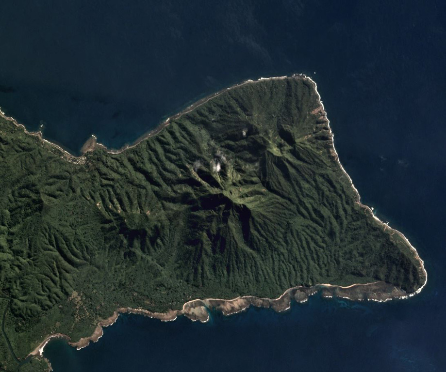 Traitor's Head Peninsula of Erromango Island is shown in this July 2019 Planet Labs satellite image monthly mosaic (N is at the top; this image is approximately 10 km across). Three eroded volcanic edifices are visible, Nagat to the NE, Rantop in the center, and Oulenou with the summit crater to the W. Satellite image courtesy of Planet Labs Inc., 2019 (https://www.planet.com/).