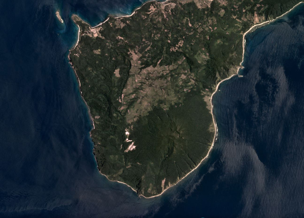 Camiguin de Babuyanes is located in southern Camiguin Island in the Babuyan archipelago, north of Luzon Island, and is seen in this June 2019 Planet Labs satellite image monthly mosaic (N is at the top). At this point the island is around 5 km wide. The volcano includes the Camiguin edifice, along with Minabul and Caanoan cones to the N and E, respectively. Satellite image courtesy of Planet Labs Inc., 2019 (https://www.planet.com/).
