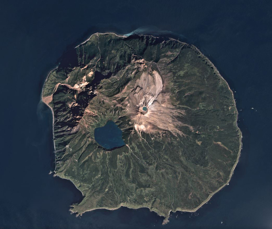 The roughly 10-km-wide Ketoi island is shown in this September 2018 Planet Labs satellite image monthly mosaic (N is at the top). Ketoi is the older edifice and caldera, and Pallas Peak is the cone with a summit crater that has formed within it, NE of Ketoi Lake. Fumaroles are active on the NE flank of the cone. Satellite image courtesy of Planet Labs Inc., 2018 (https://www.planet.com/).