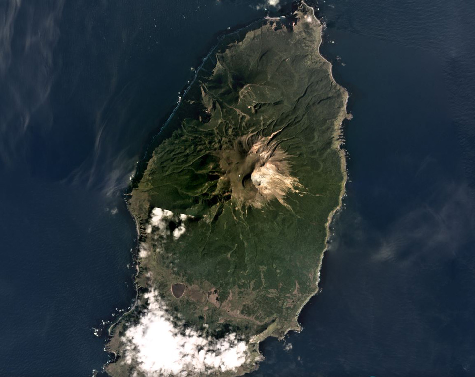 The roughly 6.5 x 15 km Rasshua island has a volcanic edifice largely filling a caldera in the center, shown in this September 2019 Planet Labs satellite image monthly mosaic (N is at the top). The edifice comprises three main cones and the southern rim is visible south of the two lakes. Satellite image courtesy of Planet Labs Inc., 2019 (https://www.planet.com/).