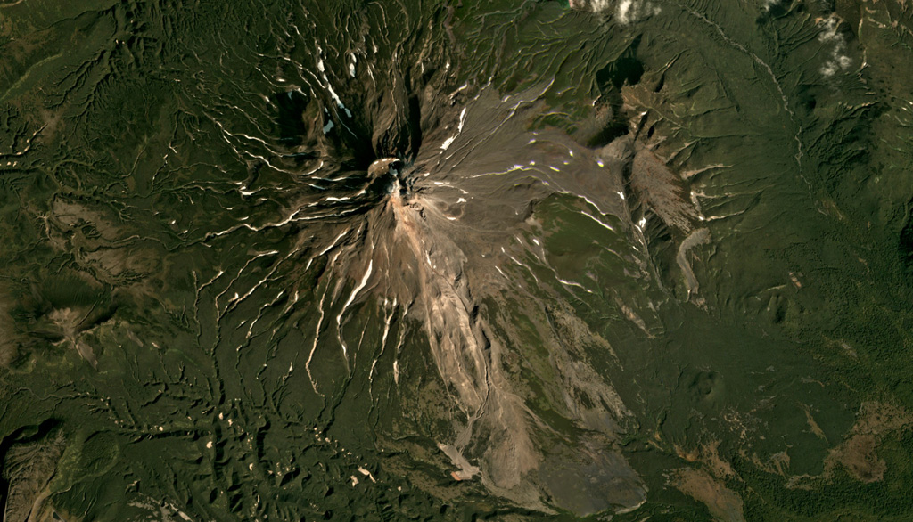 Zheltovsky is in the center of this September 2019 Planet Labs satellite image monthly mosaic (N is at the top; this image is approximately 19 km across). The cone formed within a 4 x 5 km caldera and has a 1.6-km-wide summit crater that has been filled by lava domes. A 2012 landslide is visible on the SE flank, likely a result of altered rock and not related to volcanic activity. Satellite image courtesy of Planet Labs Inc., 2019 (https://www.planet.com/).