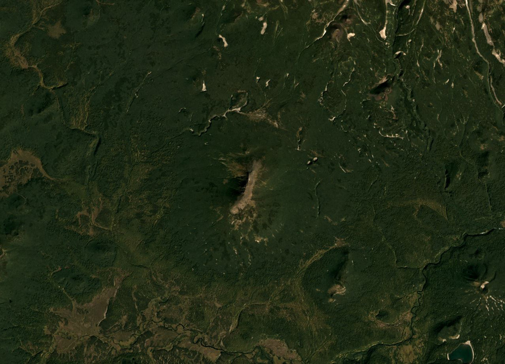 The approximately 2-km-long ridge in the center of this image is Golaya. This September 2018 Planet Labs satellite image monthly mosaic (N is at the top) also shows the southern flank of Asacha volcano N of Golaya, located in southern Kamchatka. Satellite image courtesy of Planet Labs Inc., 2018 (https://www.planet.com/).