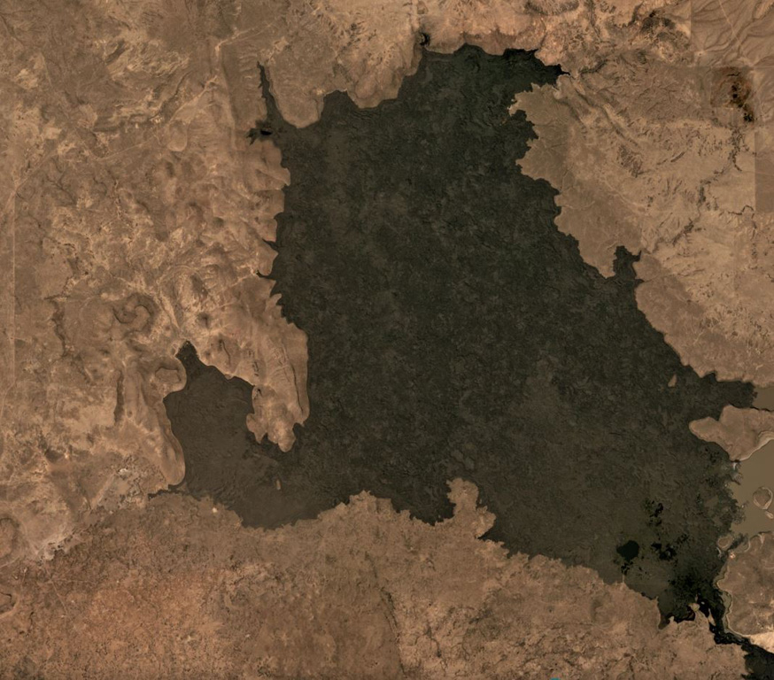Lava flows covering 68 km2 of the Jordan Craters volcanic field in Oregon, USA, are seen in this September 2019 Planet Labs satellite image monthly mosaic (N is at the top; this image is approximately 15 km across). The Coffeepot Crater in the NW corner is the largest vent and once contained a lava pond. Satellite image courtesy of Planet Labs Inc., 2019 (https://www.planet.com/).