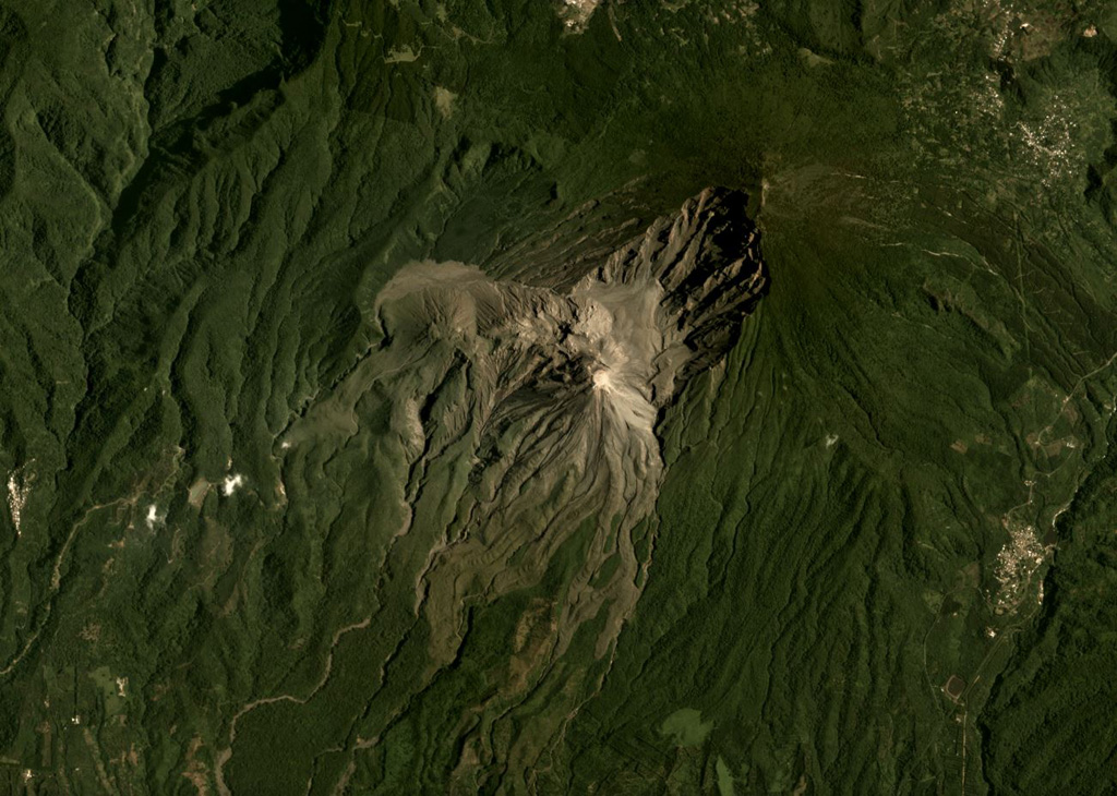 Santa Maria is the large edifice with the broad 1902 crater in the center of this August 2019 Planet Labs satellite image monthly mosaic (N is at the top; this image is approximately 12 km across). The Santiaguito dome complex in comprised of Caliente, the large lava dome in the center of the image, then La Mitad, El Monje, and El Brujo domes from E to W. Satellite image courtesy of Planet Labs Inc., 2019 (https://www.planet.com/).