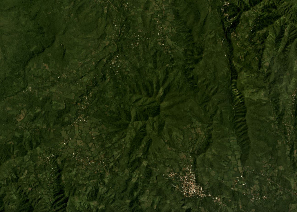 The eroded Pleistocene Cerro Buena Vista is in the center of this October 2019 Planet Labs satellite image monthly mosaic (N is at the top; this image is approximately 13 km across). It is located in the Jucuarán Range in the SE corner of El Salvador, and on the southern flank In Cerro Madrecacao, also heavily eroded and Pleistocene in age. Satellite image courtesy of Planet Labs Inc., 2019 (https://www.planet.com/).