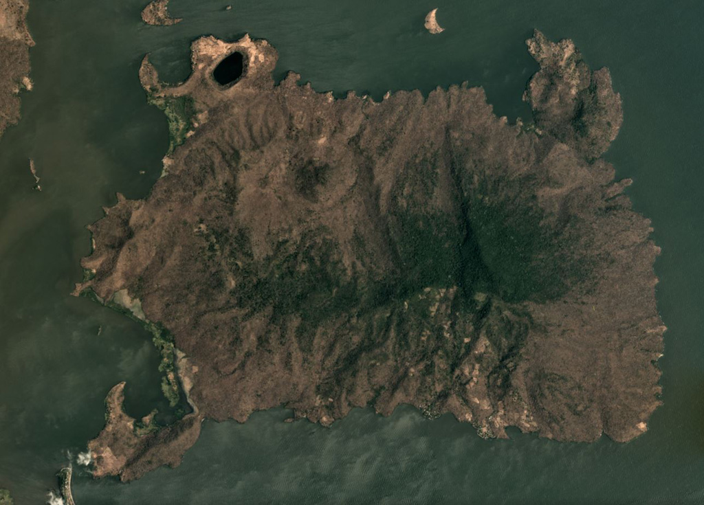 The roughly 7 x 10 km Zapatera island contains more than 30 vents across 150 km2, shown in this March 2019 Planet Labs satellite image monthly mosaic (N is at the top; this image is approximately 12 km across). The island is heavily faulted due to the Ochomogo fault zone, and a 150-m-high scarp is along the center. Satellite image courtesy of Planet Labs Inc., 2019 (https://www.planet.com/).