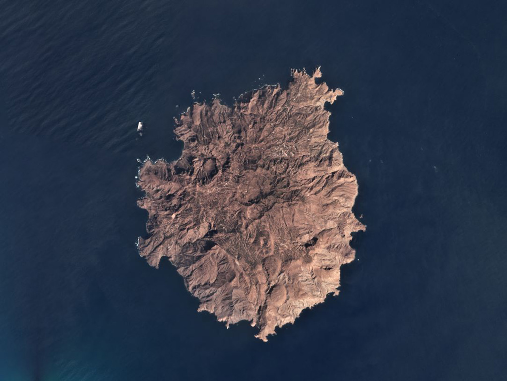The roughly 9-km-wide Brava Island has numerous domes, coulées, craters, and cones across the island surface, shown in this February 2019 Planet Labs satellite image monthly mosaic (N is at the top). From the SE side towards the center are several domes, including Morro da Pedras and Morro Largo. In the center is the Fundo Grande, Cova Lima Doce, and Cova Joana craters as well as the Munhoto fault zone. Many of the more recent craters formed during phreatomagmatic eruptions. Satellite image courtesy of Planet Labs Inc., 2019 (https://www.planet.com/).