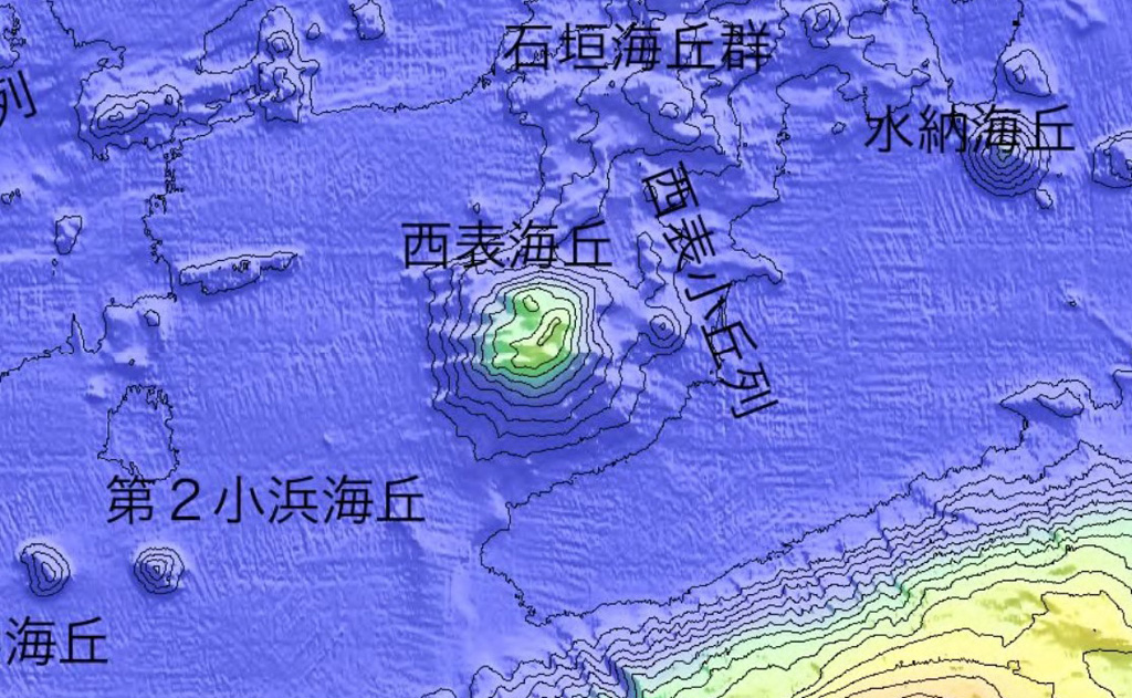 A submarine volcano is located approximately 20 km offshore NNE of Iriomotejima, shown in this bathymetric map by the Japan Coast Guard. On 31 October 1924 an eruption produced a pumice raft that eventually reached Japan. Courtesy of Japan Coast Guard.