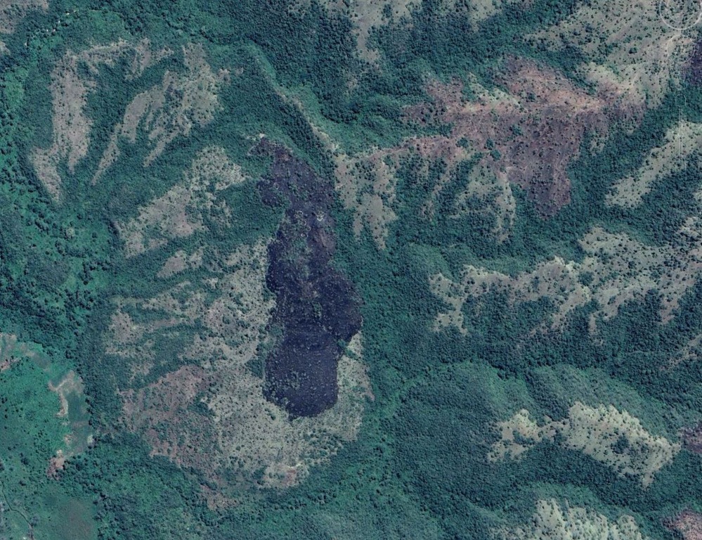 This roughly 1-km-long lava flow is located about 14 km from Chamo Lake and comprises the East Chamo Basin volcanic center. There is no clear vent and the lava flow is flowing downslope. This image is from Google Earth, captured on 9 September 2019. Satellite image courtesy of Google Earth Pro, 2019.