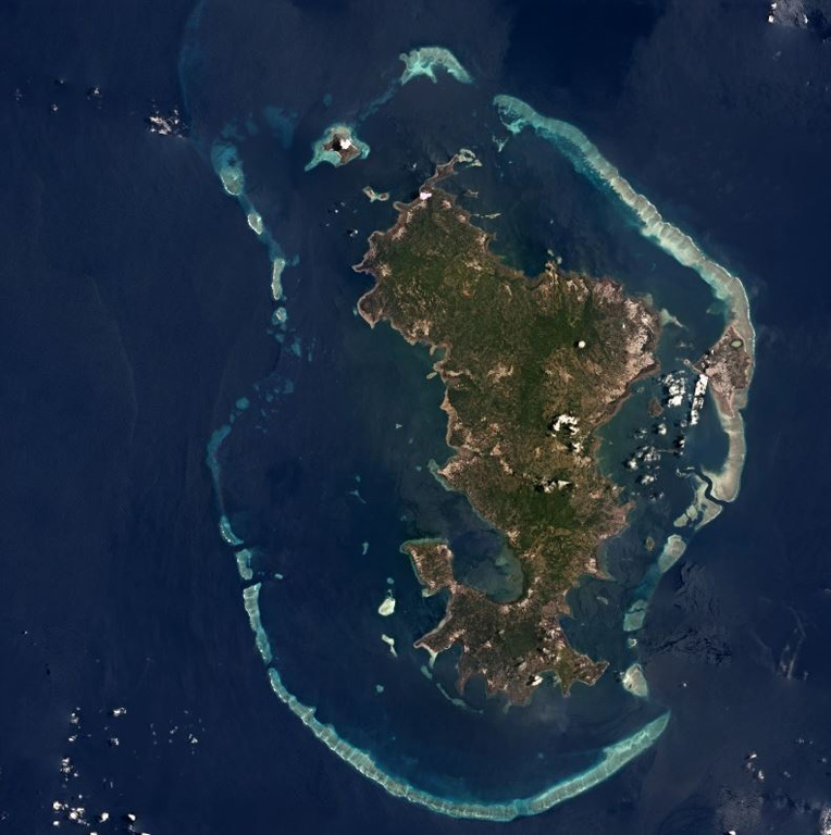 Mayotte consists two main volcanic islands, Grande Terre and Petite Terre, and around twenty islets within a barrier-reef lagoon complex approximately 38 km across, shown in this Planet Labs satellite image monthly mosaic (N is at the top). Recent activity has occurred offshore, 50 km E. Satellite image courtesy of Planet Labs Inc., 2018 (https://www.planet.com/).