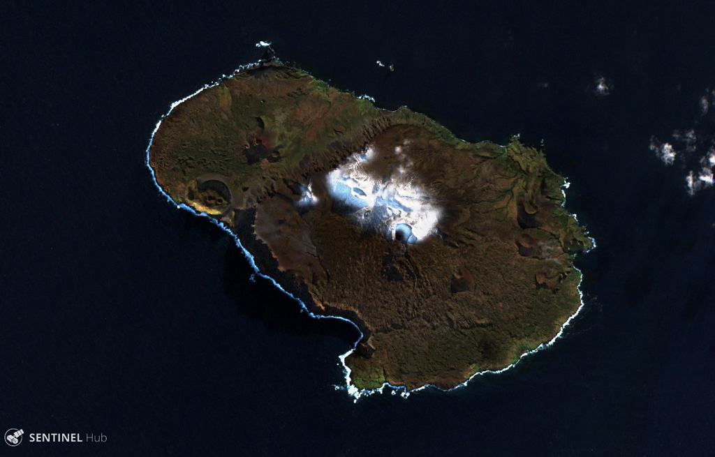 The 10-km-wide Prince Edward Island is around 300 km S of the SW Indian Ocean Ridge and is shown in this 24 May 2019 Sentinel-2 satellite image (N is at the top). Seven tuff cones have been identified and scoria cones have also formed across the island, as well as lava flows. A large portion of the island has been submerged through faulting.   Satellite image courtesy of Copernicus Sentinel Data, 2019.