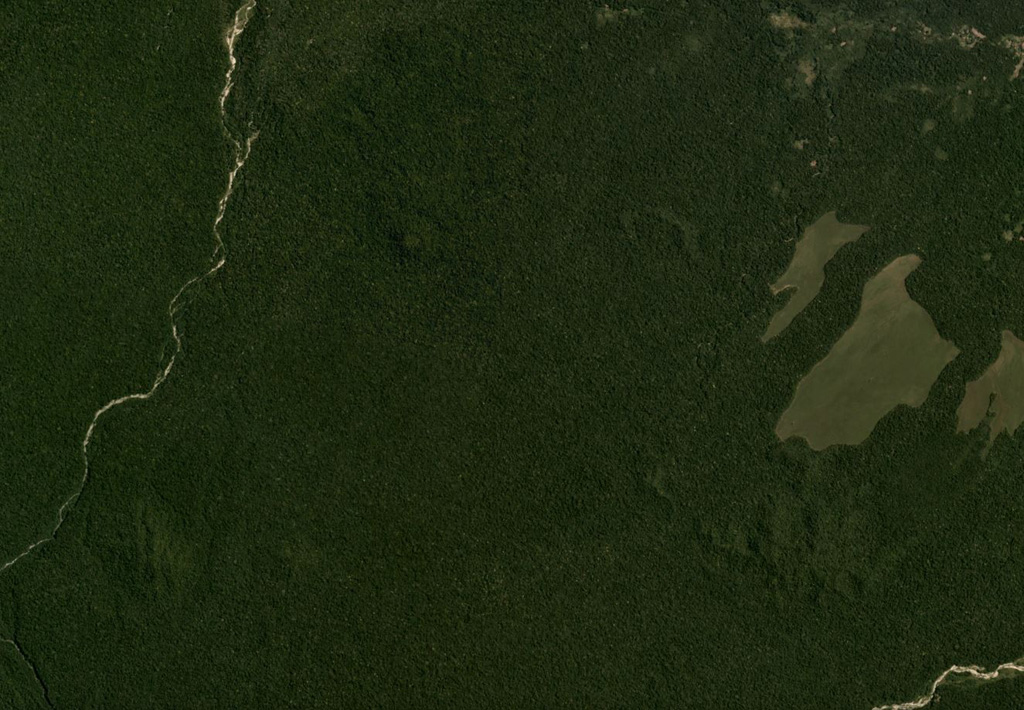 The vegetated Sessagara volcanic group contains several small cones, two with summit craters, seen in this Planet Labs satellite image monthly mosaic (N is at the top; this image is approximately 12 km across). The eroded topographic high to the lower right may also be a cone. Satellite image courtesy of Planet Labs Inc., 2019 (https://www.planet.com/).