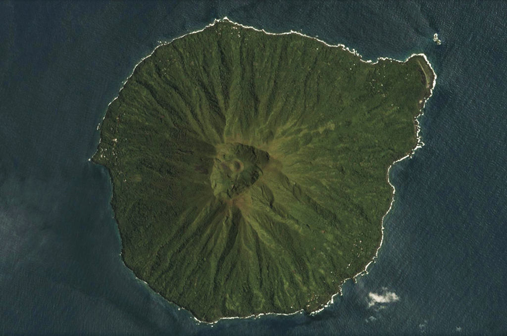 The 4-5-km-diameter Mere Lava volcano is shown in this 14 March 2021 Planet Scope satellite image (N is at the top). It has a distinct summit crater that has a scoria cone with its own summit crater inside. Erosion has formed radial valleys down the flanks. Satellite image courtesy of Planet Labs Inc., 2021 (https://www.planet.com/).